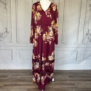 Boutique Plus Maxi Dress Size 1X Boho Floral Wine Flowy Elastic Waist V Neck